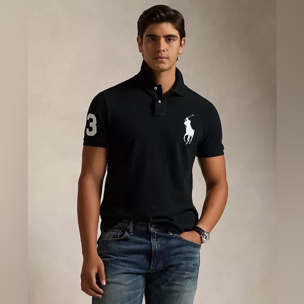 Ralph Lauren Navy Blue Big Pony Polo White Logo shirt size medium custom fit